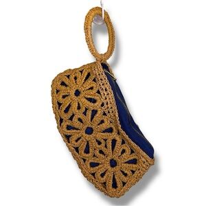 Mud Pie Tan Blue Crochet Clutch Purse Handbag Boho Floral Design Bohemian